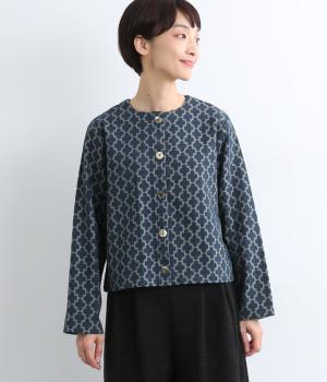 【La La que sera 】デニムジャカードノーカラージャケット(インディゴベース-F)