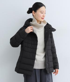 ナイロンストレッチ　スタンドフーディダウンジャケット(ブラック-F)