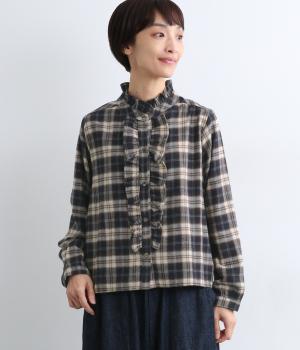 【La La que sera 】チェックネルフリルブラウス(ネイビー-F)