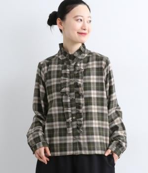 【La La que sera 】チェックネルフリルブラウス(グリーン-F)