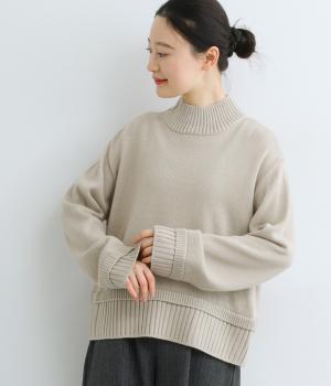 ウール混ハイネック首元裾袖リブニット(ベージュ-F)