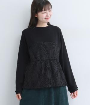 【LaLa que sera】チュールシフォン＋リブ切替プルオーバー(ブラック-F)