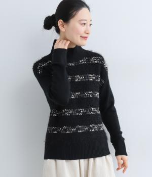 アルパカミックスモールボーダーハイネックニットプルオーバー(ブラック-F)