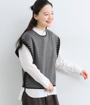 ウール混　配色ラインニットベスト(トップチャコール×ブラック-F)