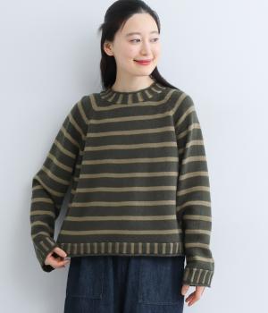 ウール混　ボーダーニットプルオーバー(グレーグリーン×グレイッシュブラウン-F)