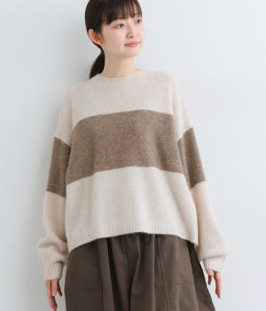 ヤク1００％ニット　ワイドライン入りプルオーバー(ベージュ×モカ-F)