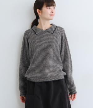 ヤク1００％ニット　ピンボーダーチビ襟プルオーバー
