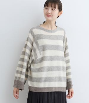 ヤク1００％ニット　切替マルチボーダープルオーバー