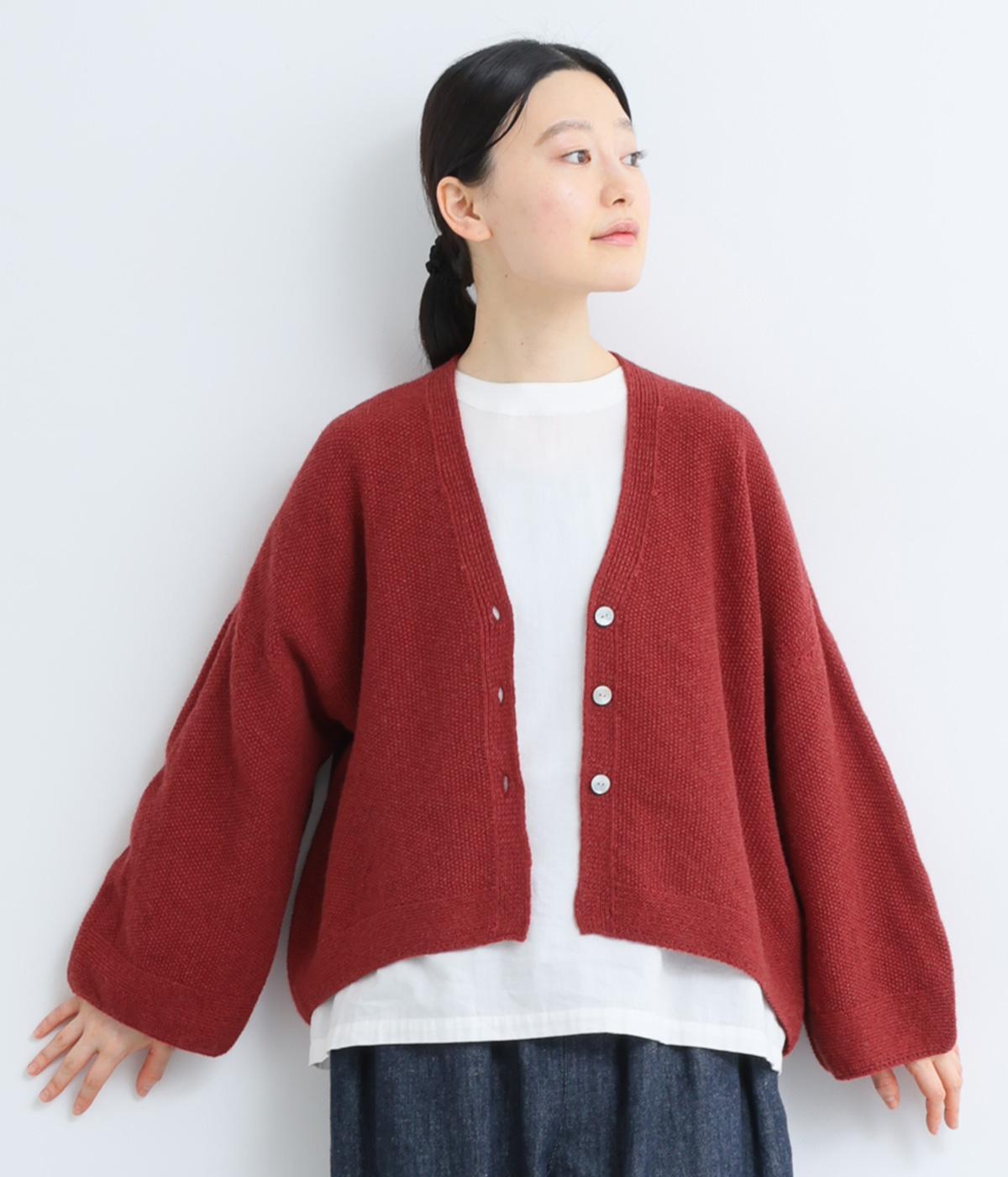 ウール鹿の子編み　Vネックニットカーディガン(レッド-F)