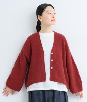 ウール鹿の子編み　Vネックニットカーディガン(レッド-F)
