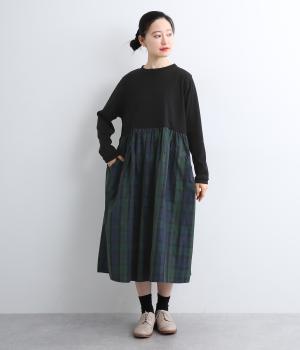 【La La que sera 】フライス＆マイクロタフタチェックワンピース(ブラック/ブラックウォッチ-F)