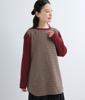 日本製ダイヤツイード＋ウォームテレコ切替チュニック(ワイン-F)