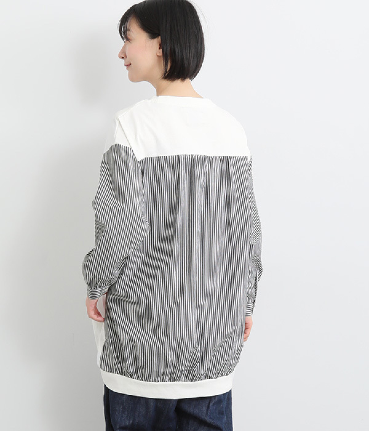 ストライプ切替ギャザーチュニック(オフ×オフストライプ-ONESIZE)