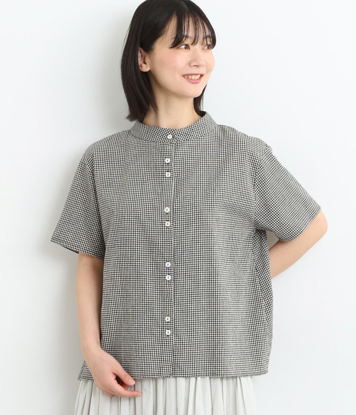 コットン柄ちびハイネックBACKフレアシャツブラウス(ブラックギンガム-ONESIZE)