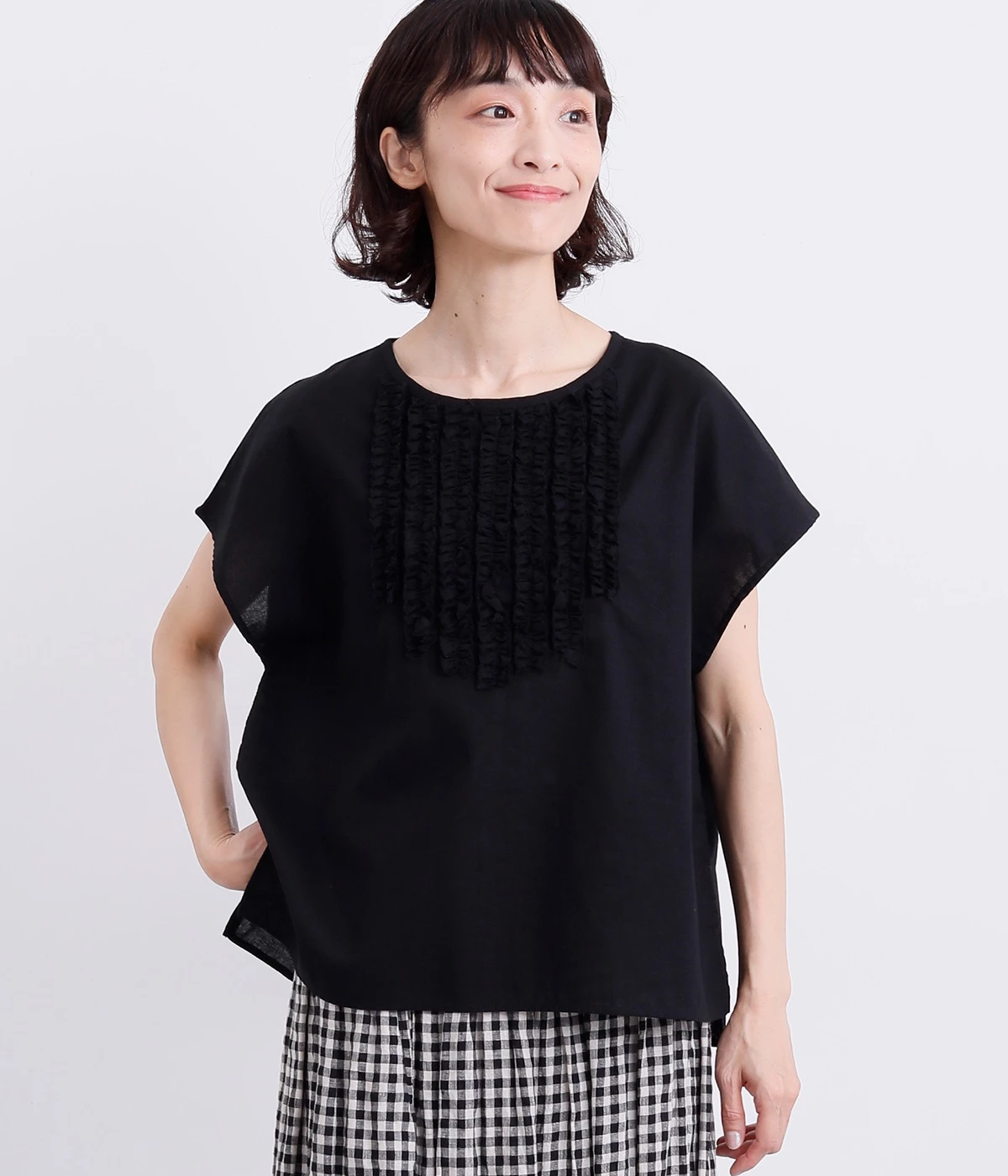 コットンリネンフリルギャザーブラウス(クロ-ONESIZE)