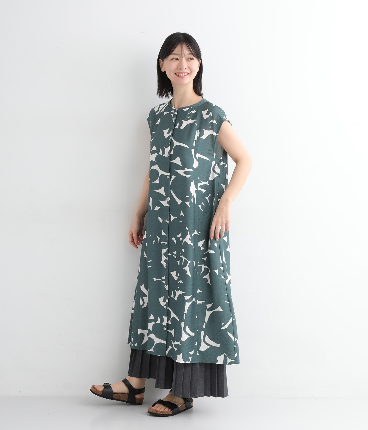シルエットフラワーAラインワンピース(グリーン-ONESIZE)