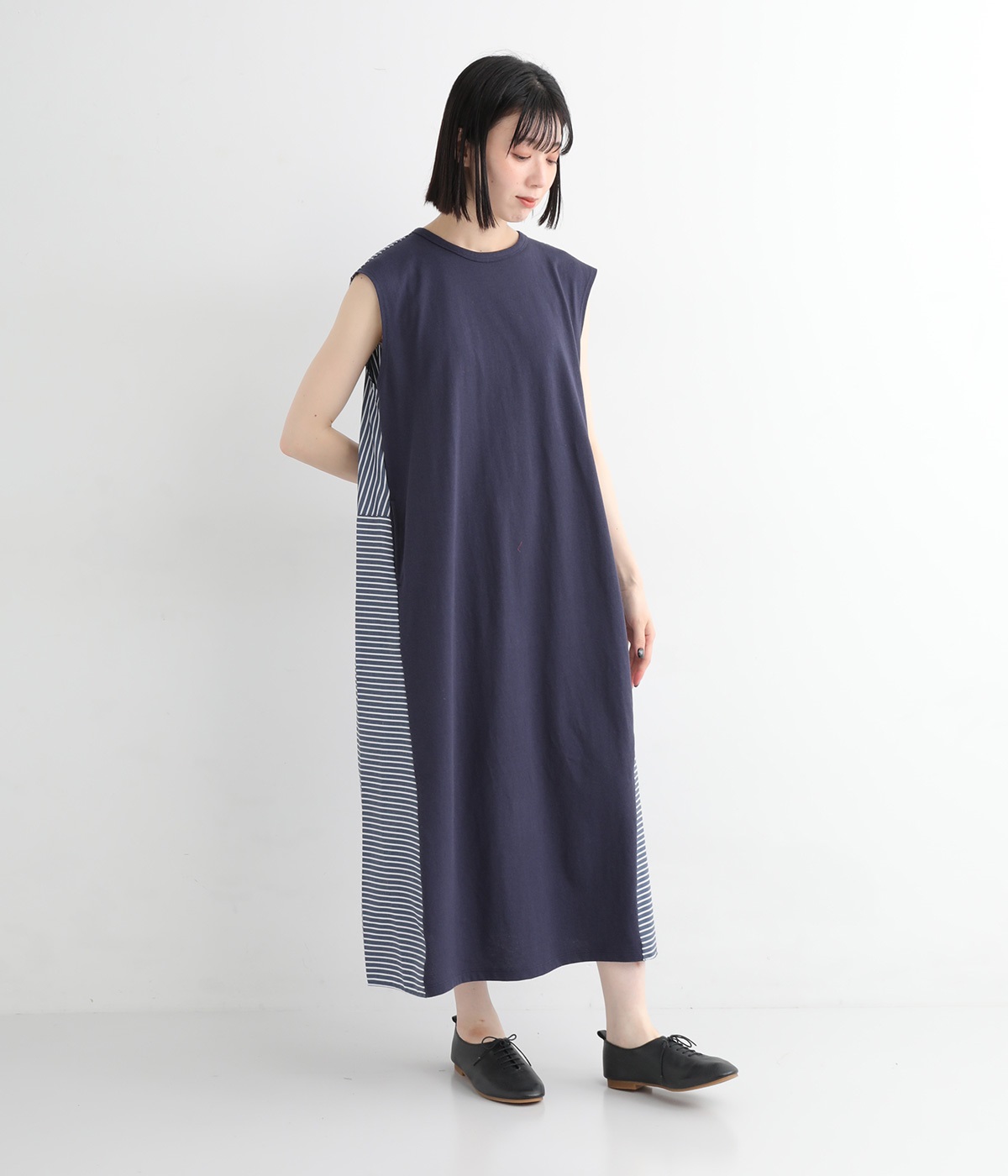 コットン天竺ストライプ切替コクーンワンピース(ネイビー×オフ地ネイビーストライプ-ONESIZE)