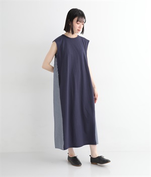 コットン天竺ストライプ切替コクーンワンピース(ネイビー×オフ地ネイビーストライプ-ONESIZE)