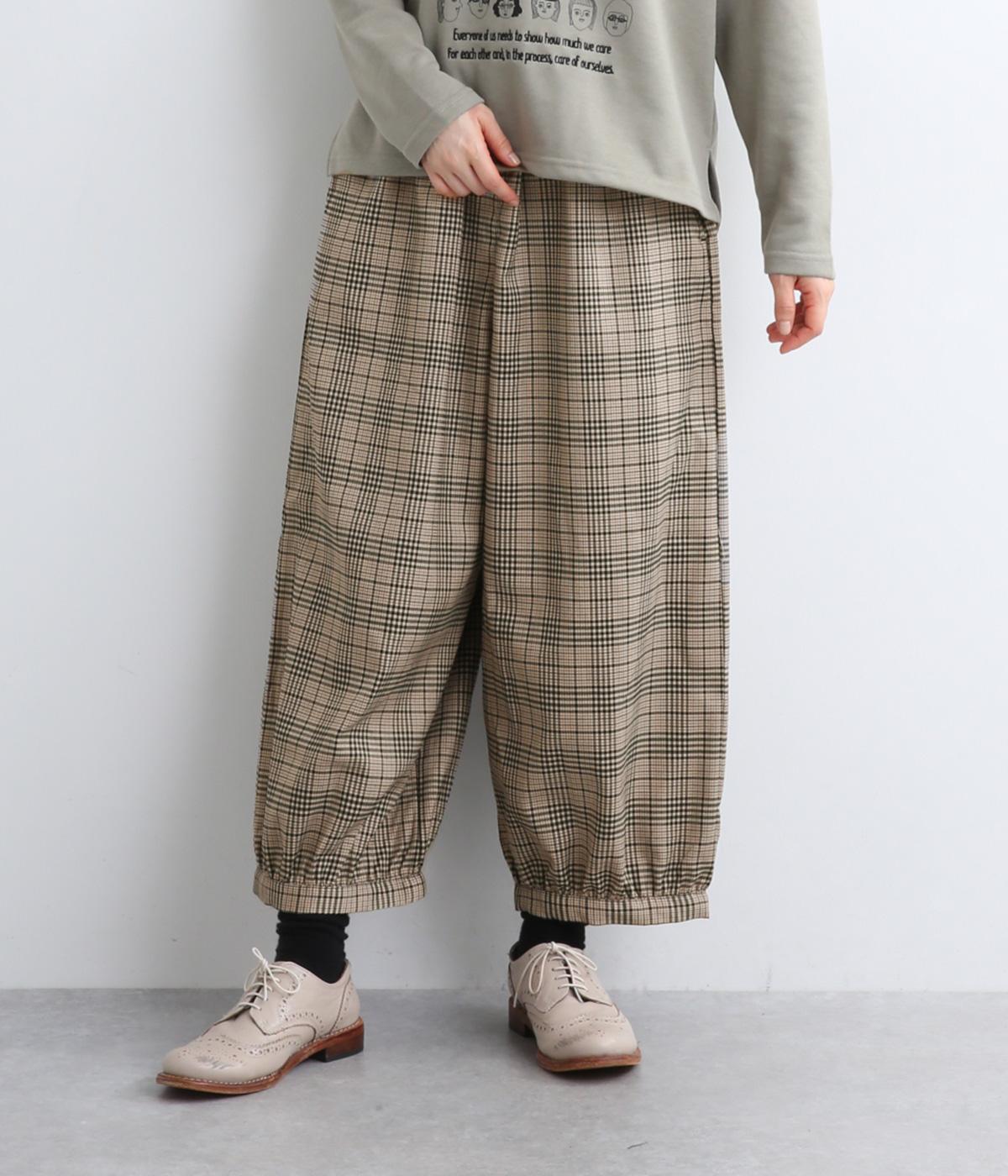 グレンチェック裾ギャザーパンツ(グリーン系-F)