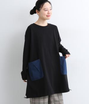 デニムポケ付き裾ドロストチュニック(クロ-F)
