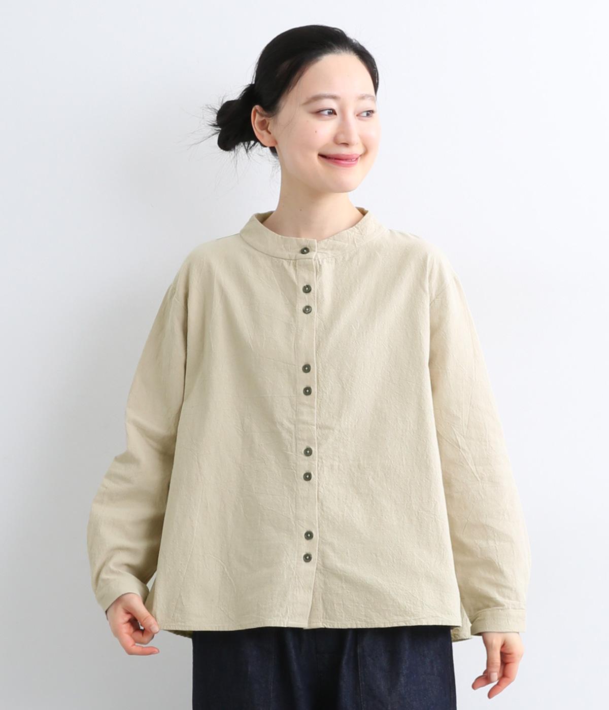 コットンちびハイネックBACKフレアブラウス(グレージュ-F)