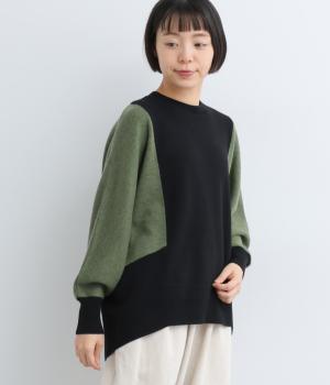バイカラードルマンニットプルオーバー(クロ×カーキ-F)