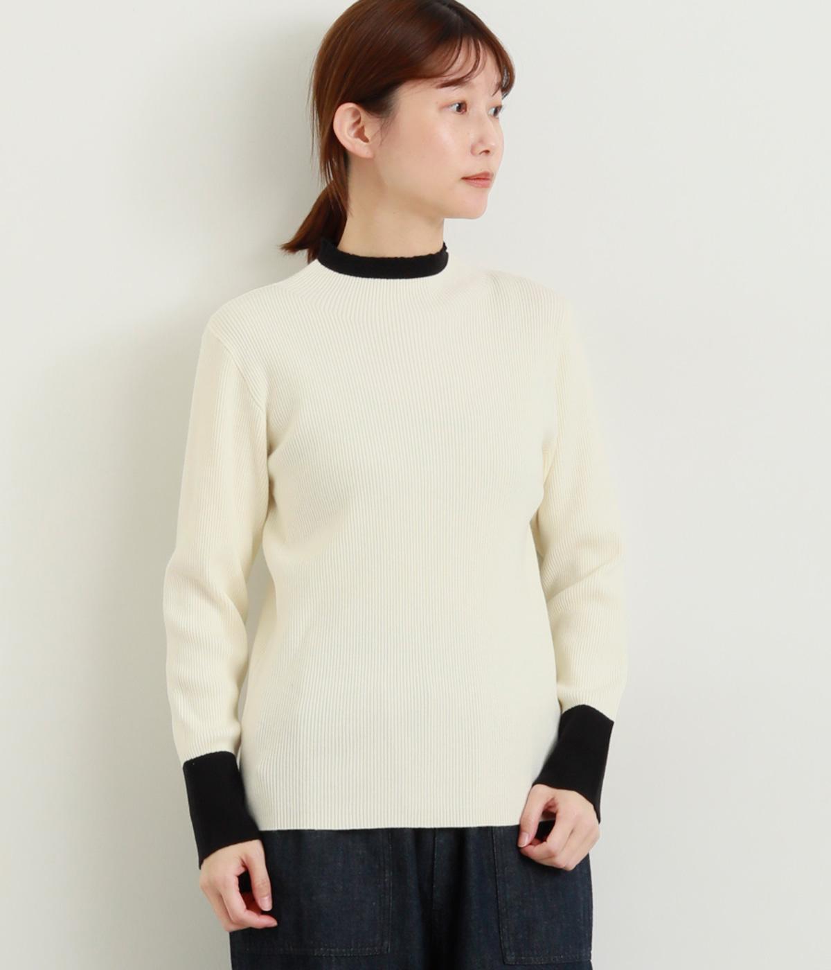 バイカラーリブニットプルオーバー(オフ×クロ-F)