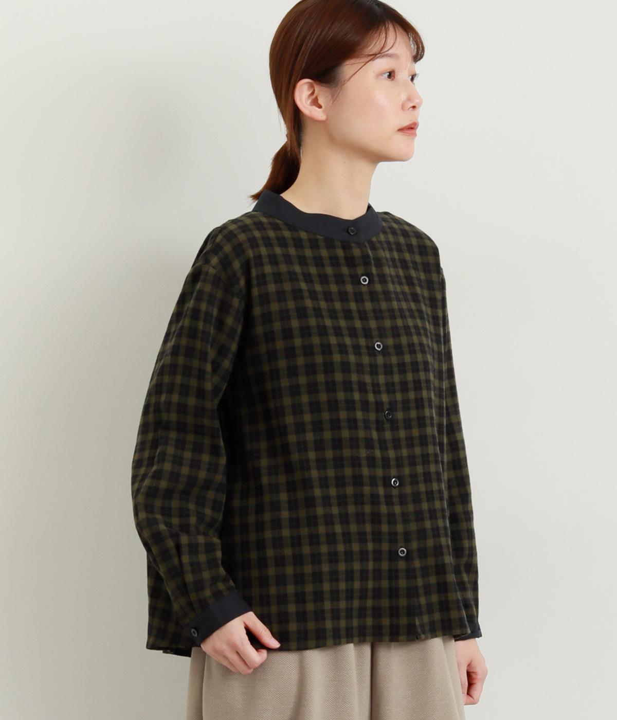 コットンチェックちびハイネックブラウス(マスタード-F)