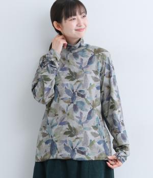 水彩フラワー袖ギャザータートル(グレー-F)