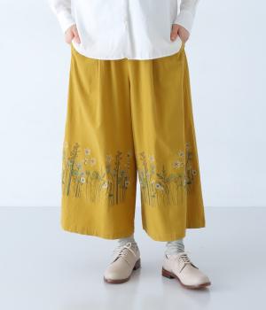 セルロースコットンストレッチステムペダルスケッチ刺繍パンツ