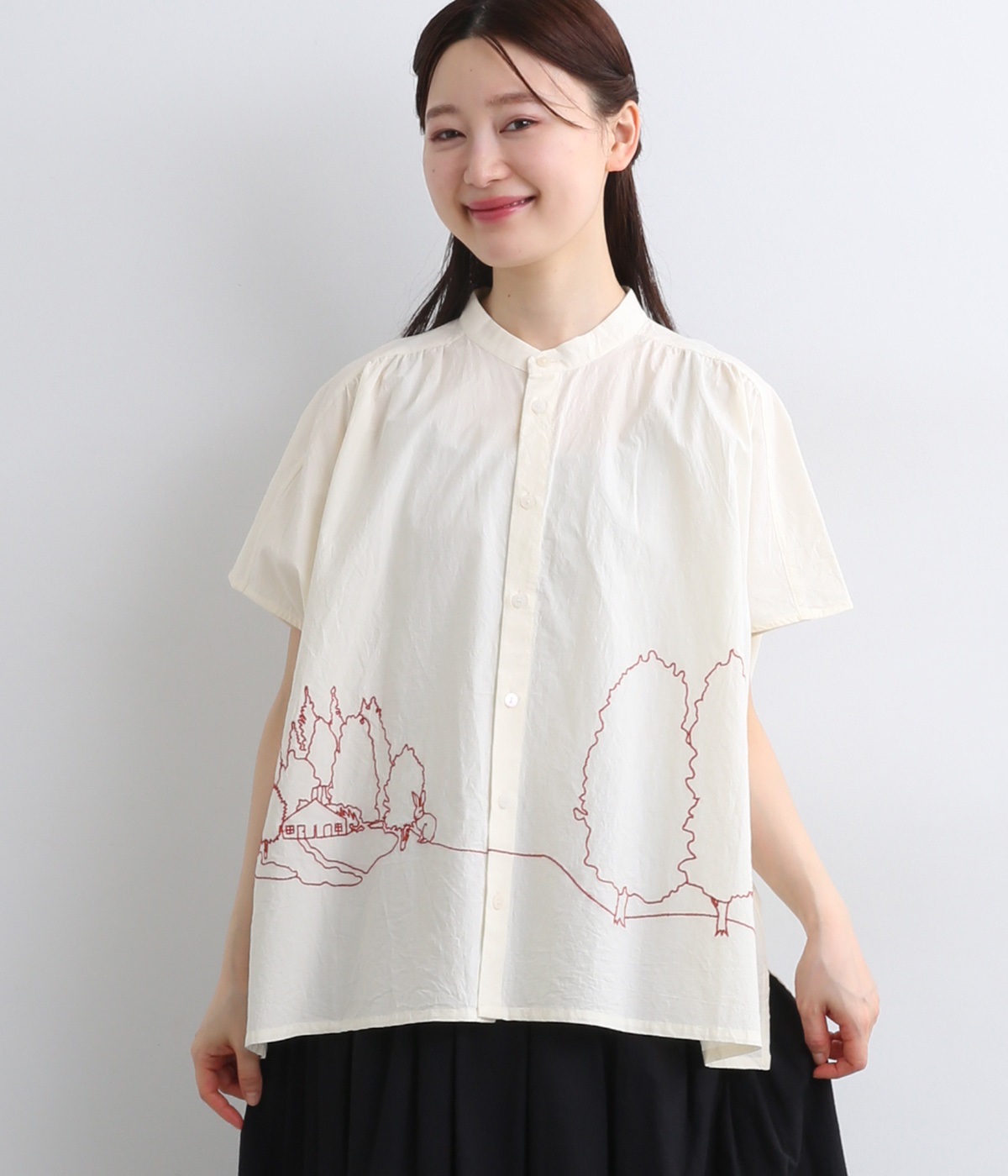 コットンローンワッシャー ホームワード刺繍ブラウス(オフホワイト-ONESIZE)