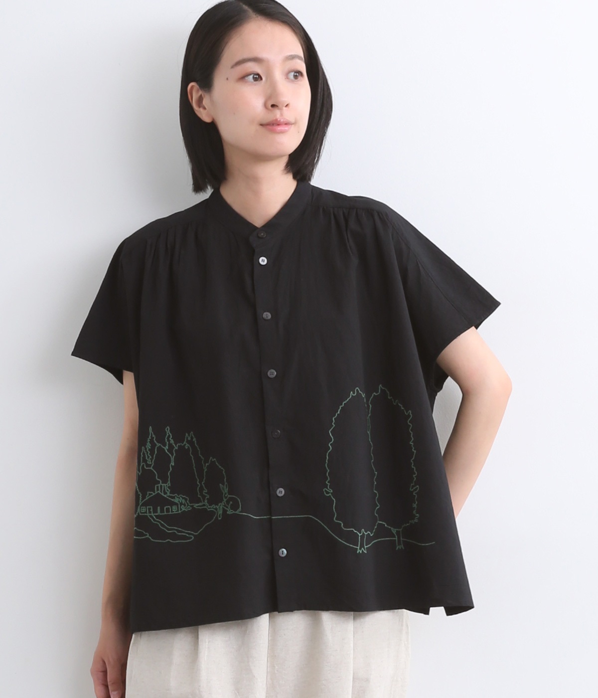 コットンローンワッシャー ホームワード刺繍ブラウス(ブラック-ONESIZE)