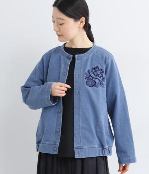 コットンストレッチインレイデニムフラワーボーラー刺繍カーディガン(ブルー-F)