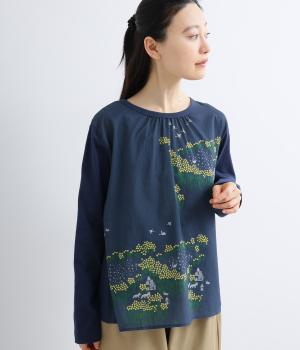 ソフト天竺+コットンローン星花と湖プリントプルオーバー(ネイビー-F)