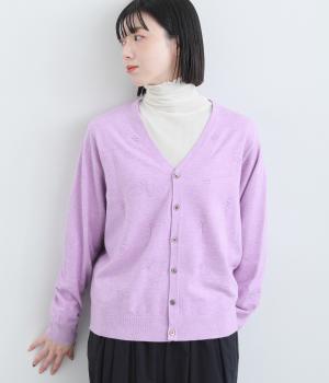 ウールアクリルナイロンフラワーリンクスカーディガン(パープル-F)