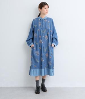 ライトオンスデニムローズスケッチ刺繍ワンピース