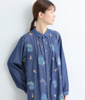 ライトオンスデニムローズスケッチ刺繍ワンピース(ネイビー-F)