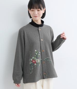 裏起毛裏毛ブルームフレア刺繍ブルゾンカーディガン(チャコール-F)