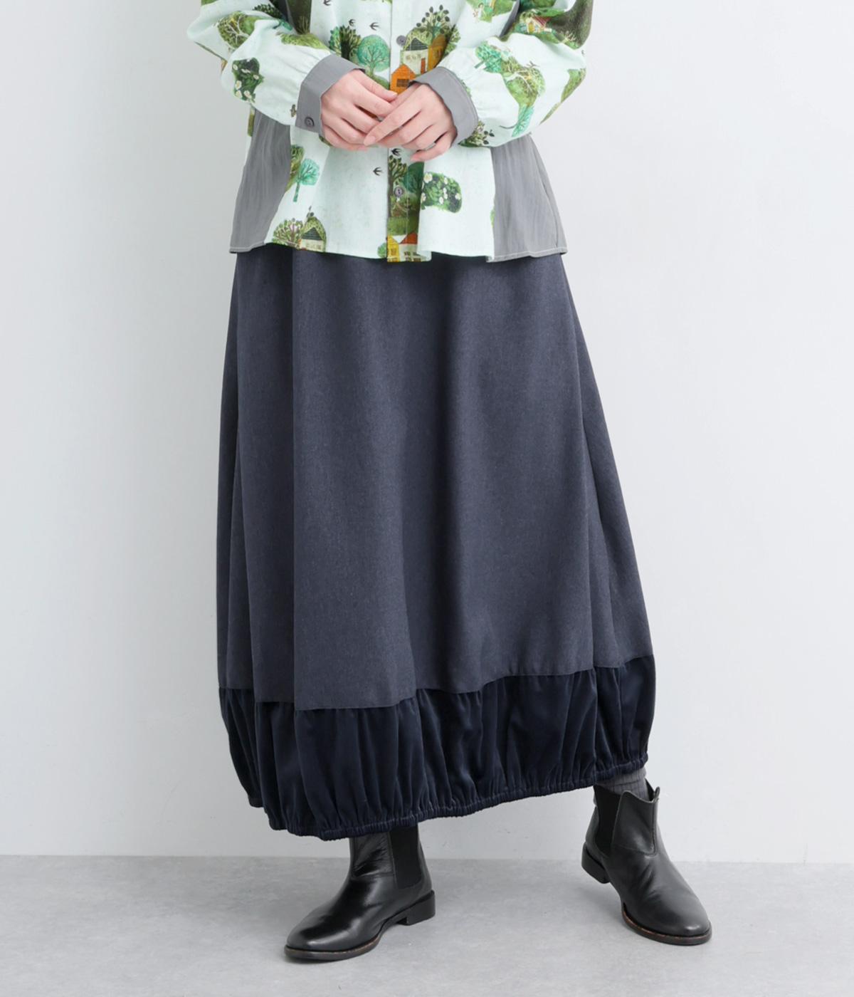 ポリエステルツイルナチュラルストレッチ+ベロアストレッチバルーンスカート(ネイビー-F)