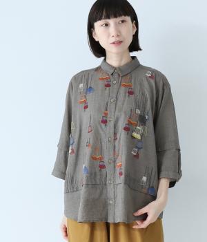 先染めチェックメニーランプ刺繍シャツブラウス