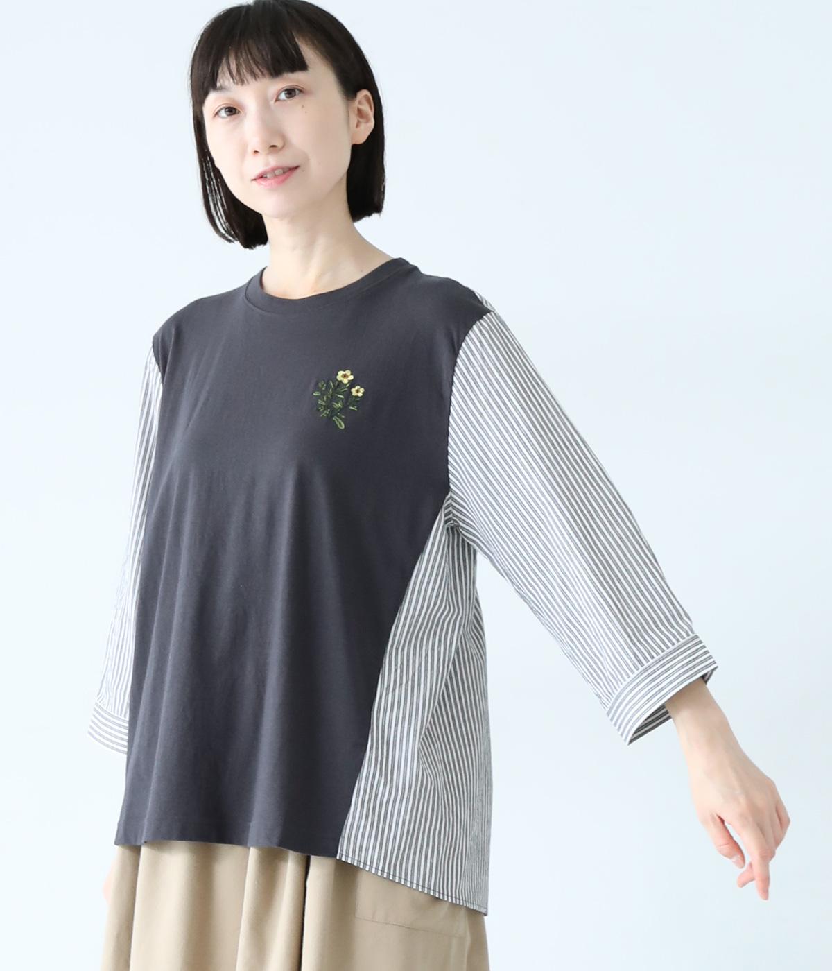 スモールウェーブボイルロックローズ刺繍カットソー(ブラック-ONESIZE)