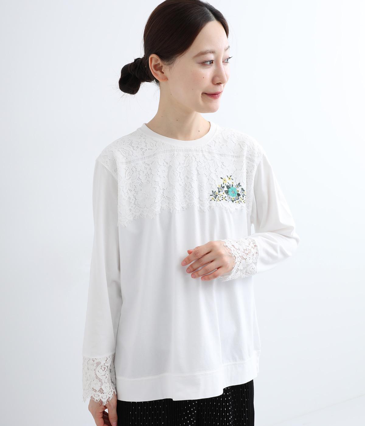 ラッセルレースプリザーブドフラワー刺繍+天竺カットソー(オフホワイト-ONESIZE)