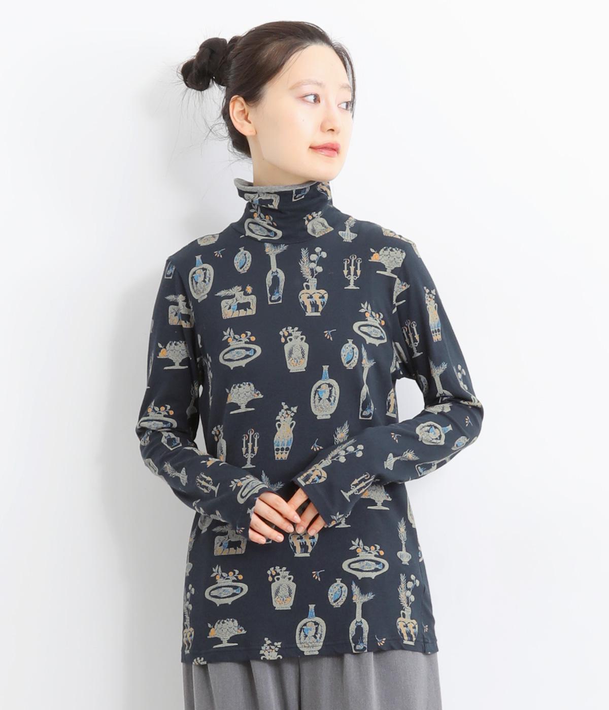 SUPER HAKKA×保坂優子 ｢暮らしを彩る｣プリント度甘天竺タートルカットソー(ネイビー-F)