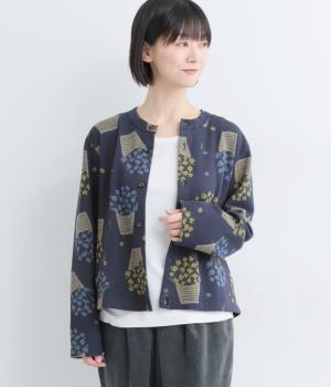 コットンポリエステル フラワーポットニットジャカードカーディガン(ネイビー-F)