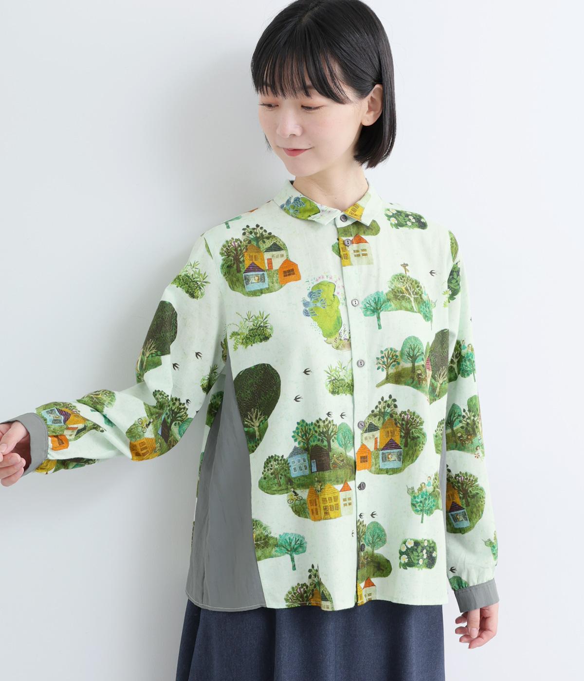 SUPER HAKKA×サクマ ユウコ ｢ある日の森の街｣/｢この葉の青い鳥｣プリントシャツブラウス(ベージュ-F)