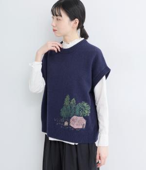 SUPER HAKKA×サクマ ユウコ ｢森の家｣/｢SQUIRREL｣モチーフ刺繍メランジウールニットベスト(ネイビー-F)