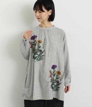 コットンビエラ先染めシャンブレービッグポピーブーケ刺繍チュニックブラウス