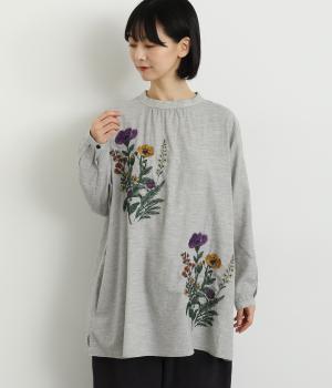 コットンビエラ先染めシャンブレービッグポピーブーケ刺繍チュニックブラウス(杢グレー-F)