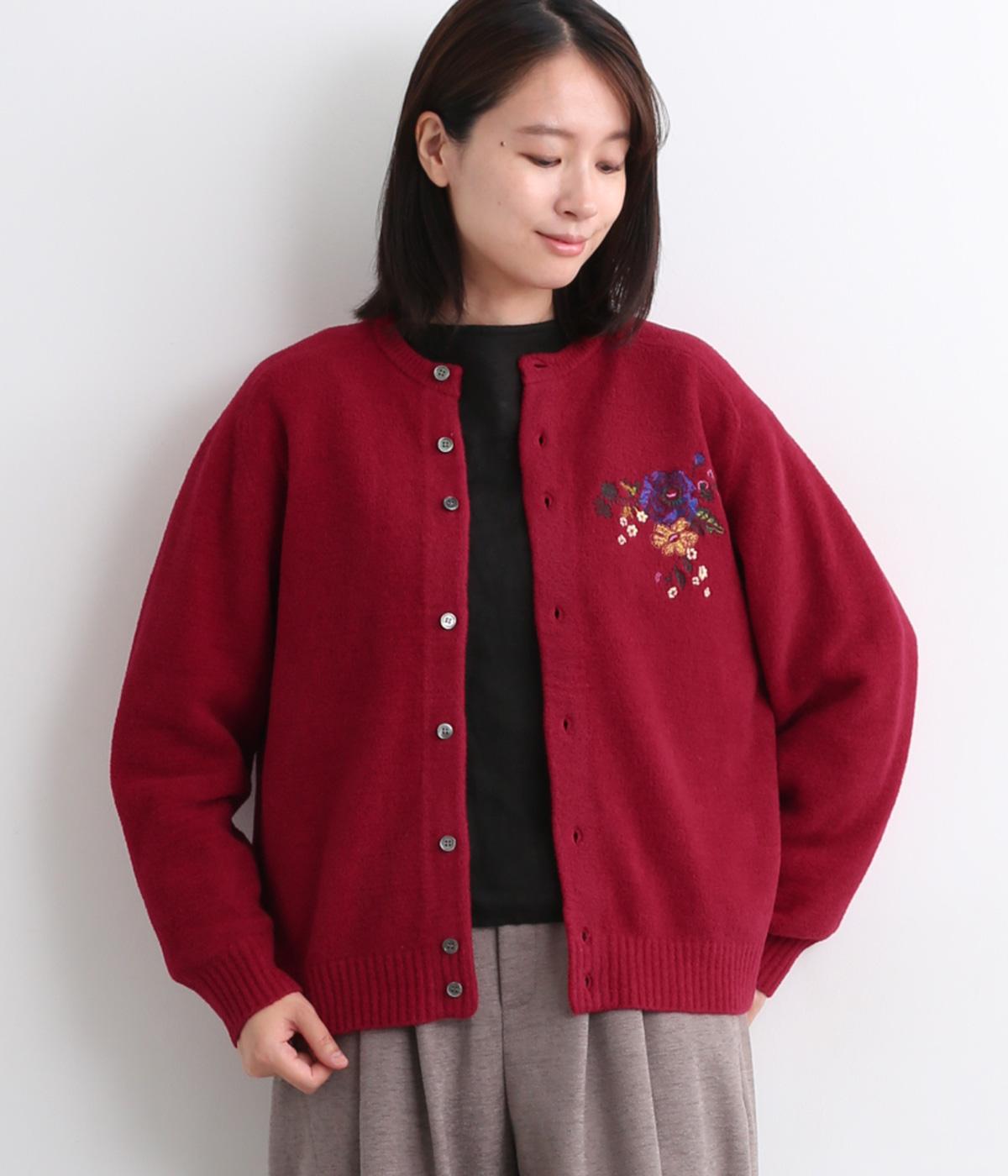 ヒメツバキ刺繍ウールナイロンモールヤーンニットカーディガン(レッド-F)