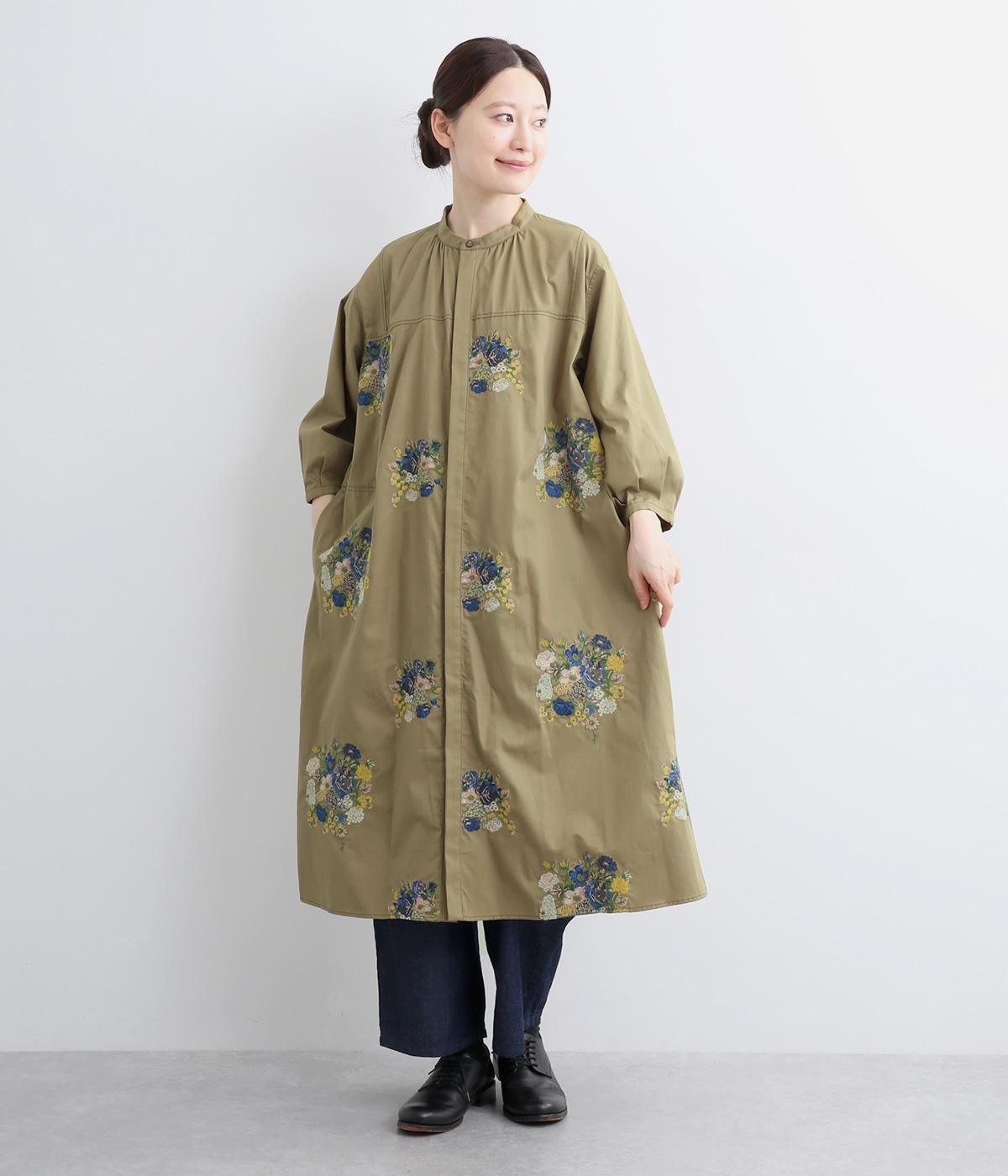 デニム/ツイル ブロッサムクラスタ刺繍ワンピース(カーキ-ONESIZE)